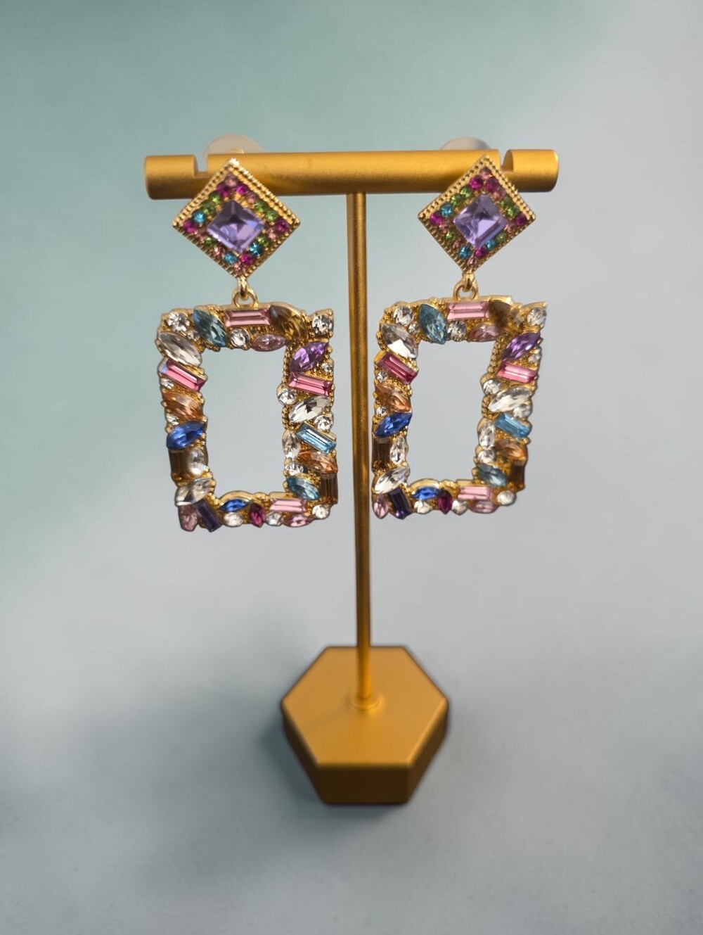 Natasha Nwt Gold Multicolor Crystal Rectangle Drop Earrings